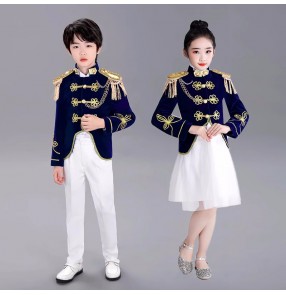 Kids blue velvet navy jazz dance costumes Navy style boys girls stage Drama show outfits catwalk drum band flag raising military dresses suit set 